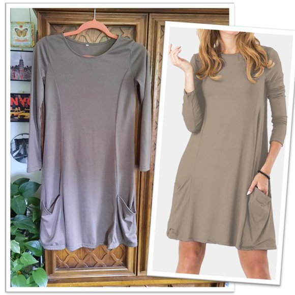 3/$15 Bohemian Lagenlook Tunic Dress with Pockets! - Taupe, Size XS - Picture 16 of 16
